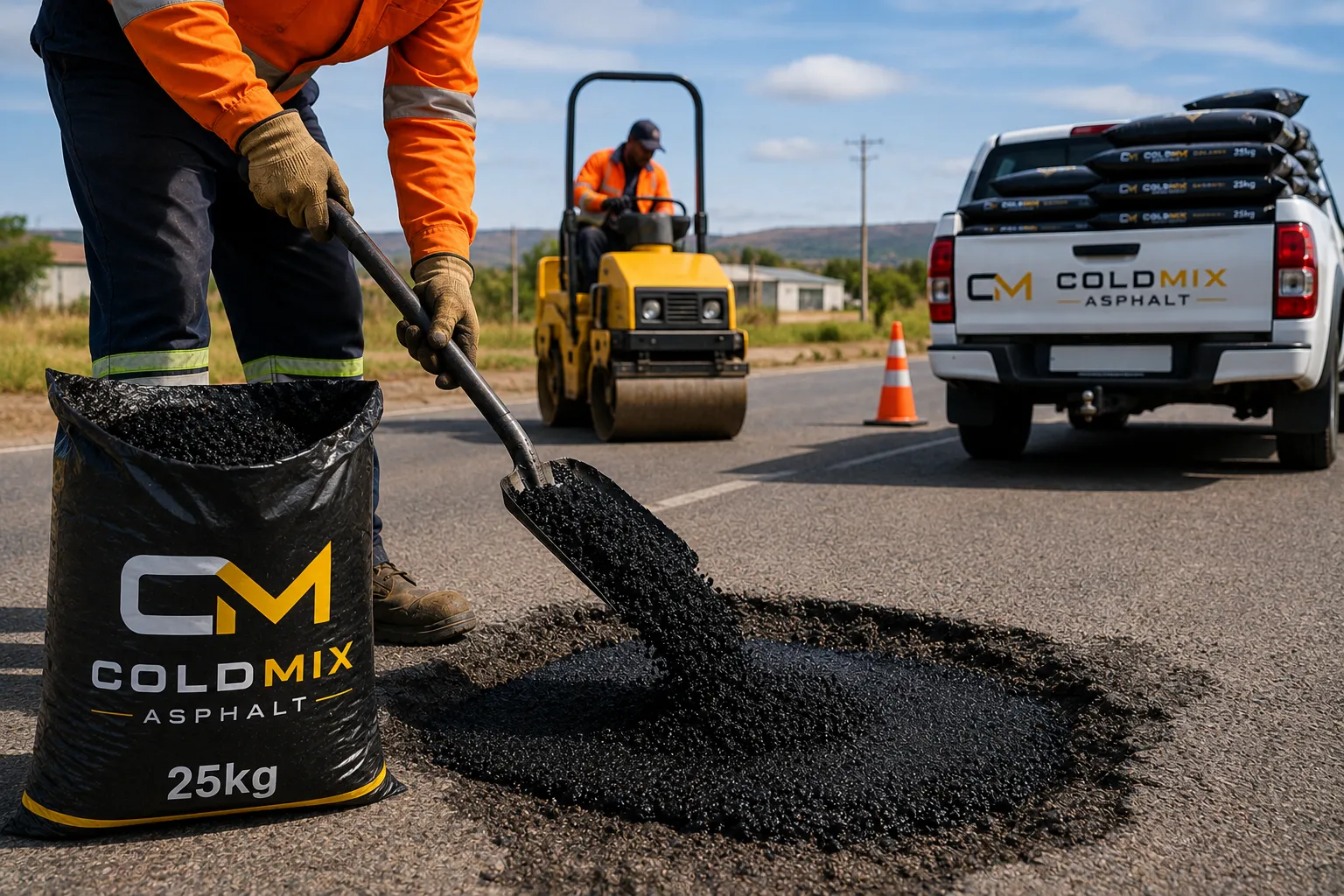 Cold Mix Asphalt 25kg bag next to pothole being filled — R56 per bag price guide South Africa 2025