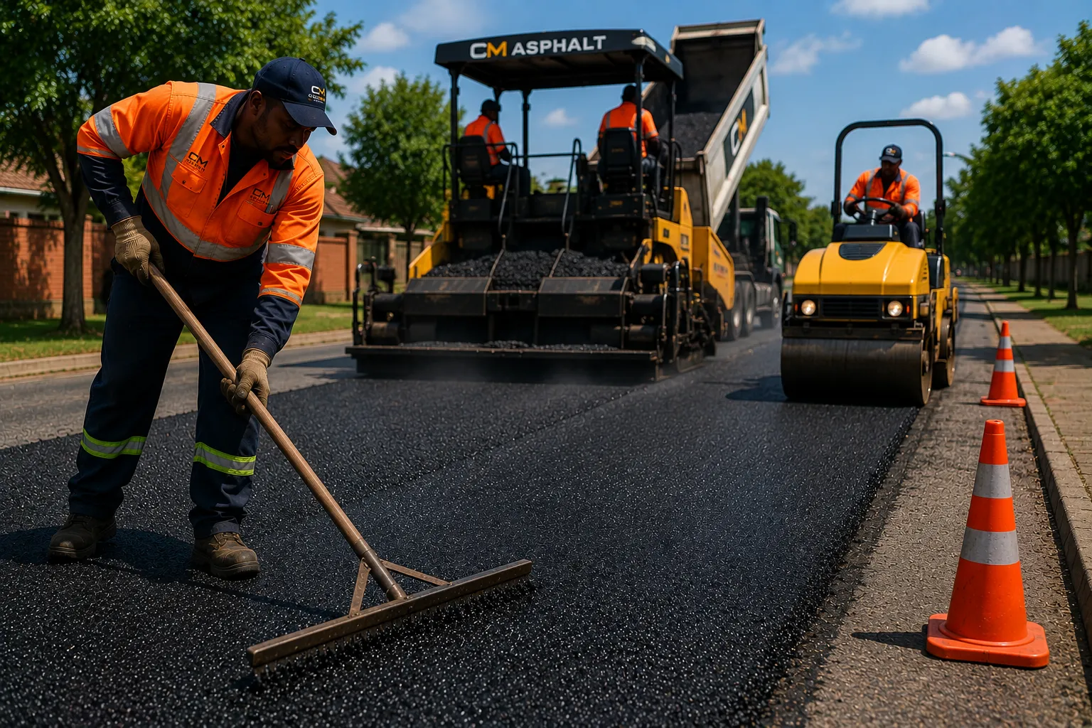 Cold Mix Asphalt branded road crew working on municipal road repair with paver and roller in South Africa