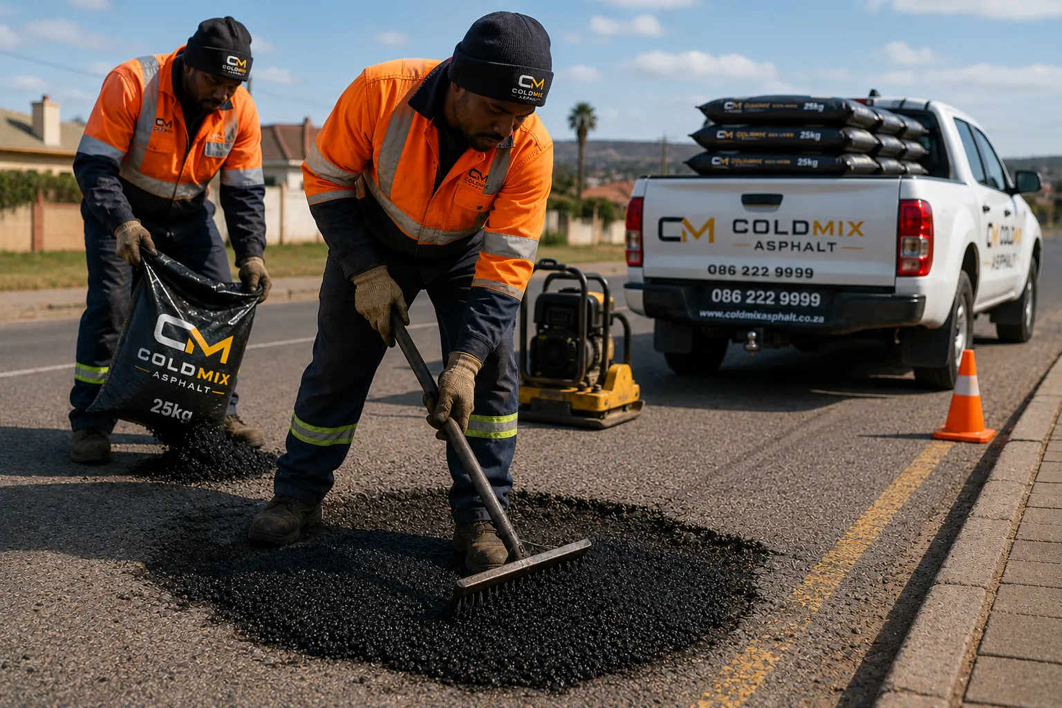 Cold Mix Asphalt South Africa team — CM branded crew spreading and raking cold mix asphalt on a South African residential road, branded bakkie loaded with 25kg bags