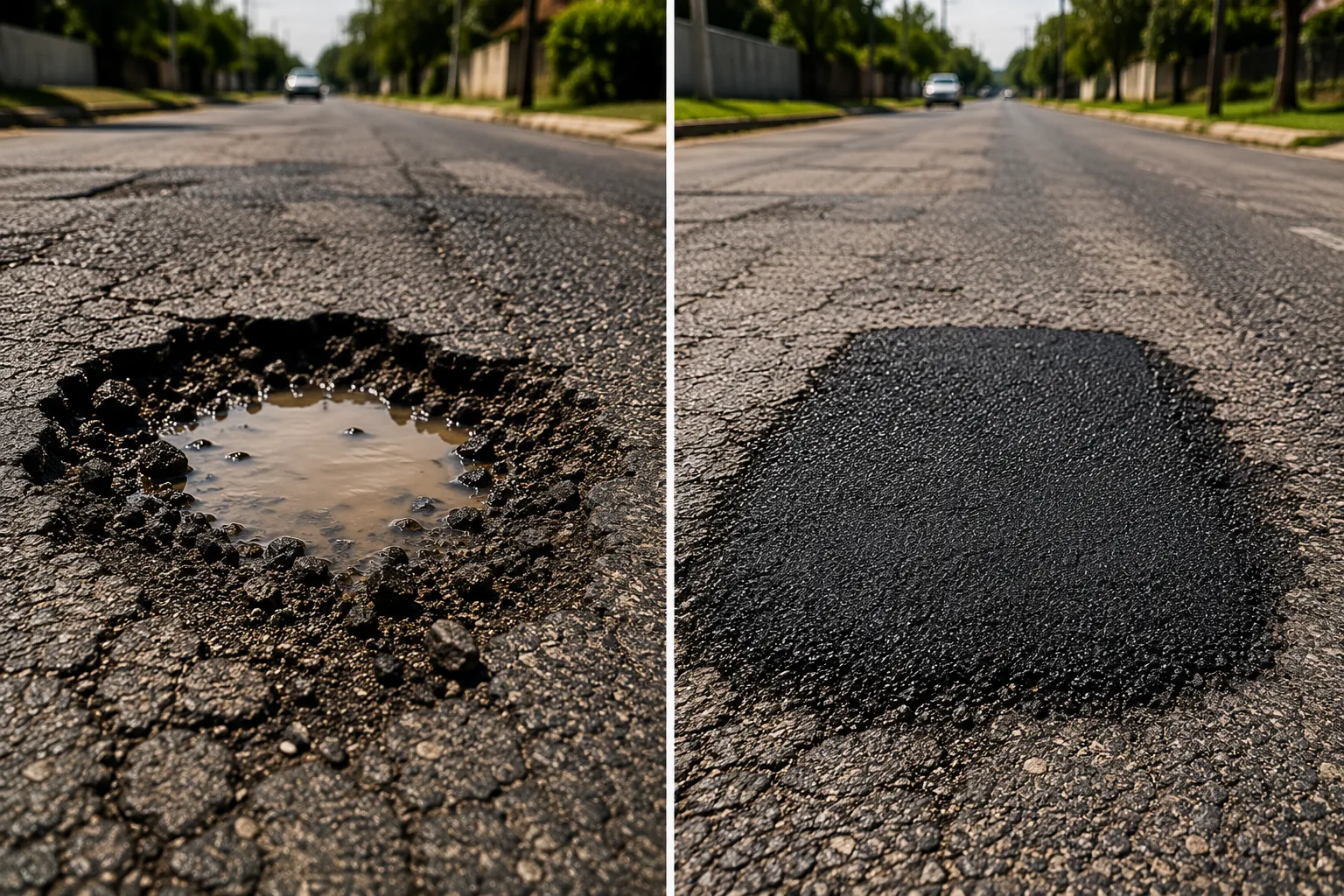 Pothole repair before and after — crumbling water-filled road pothole repaired with cold mix asphalt to smooth finish