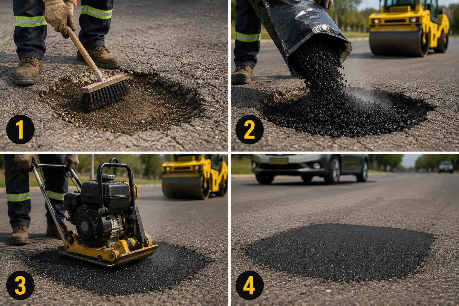 4-step pothole repair guide using cold mix asphalt — sweep, pour, compact, open to traffic