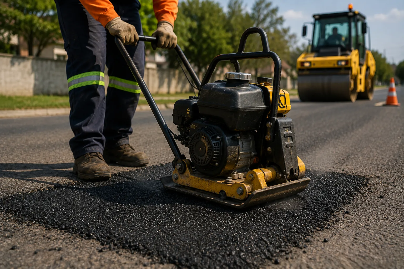 Step 3: Road worker using a plate compactor to compact cold mix asphalt in a pothole repair, road roller visible in background