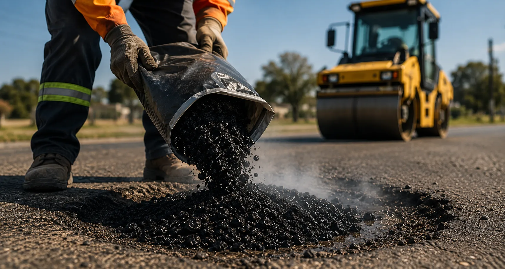 Road worker pouring cold mix asphalt into a wet pothole — demonstrating all-weather application in rain