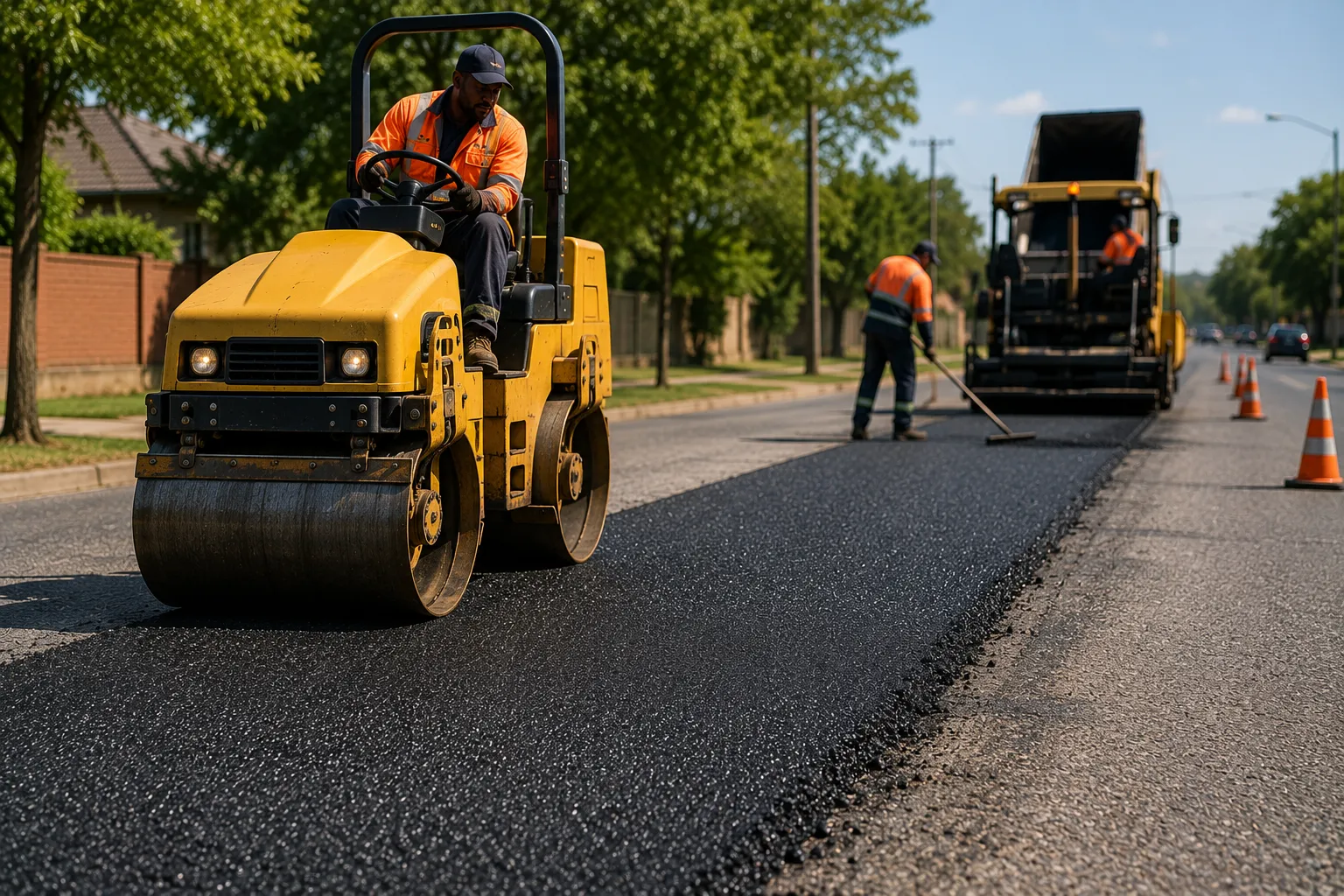 Road roller compacting asphalt on a road maintenance project — ideal for mine haul roads and industrial surfaces