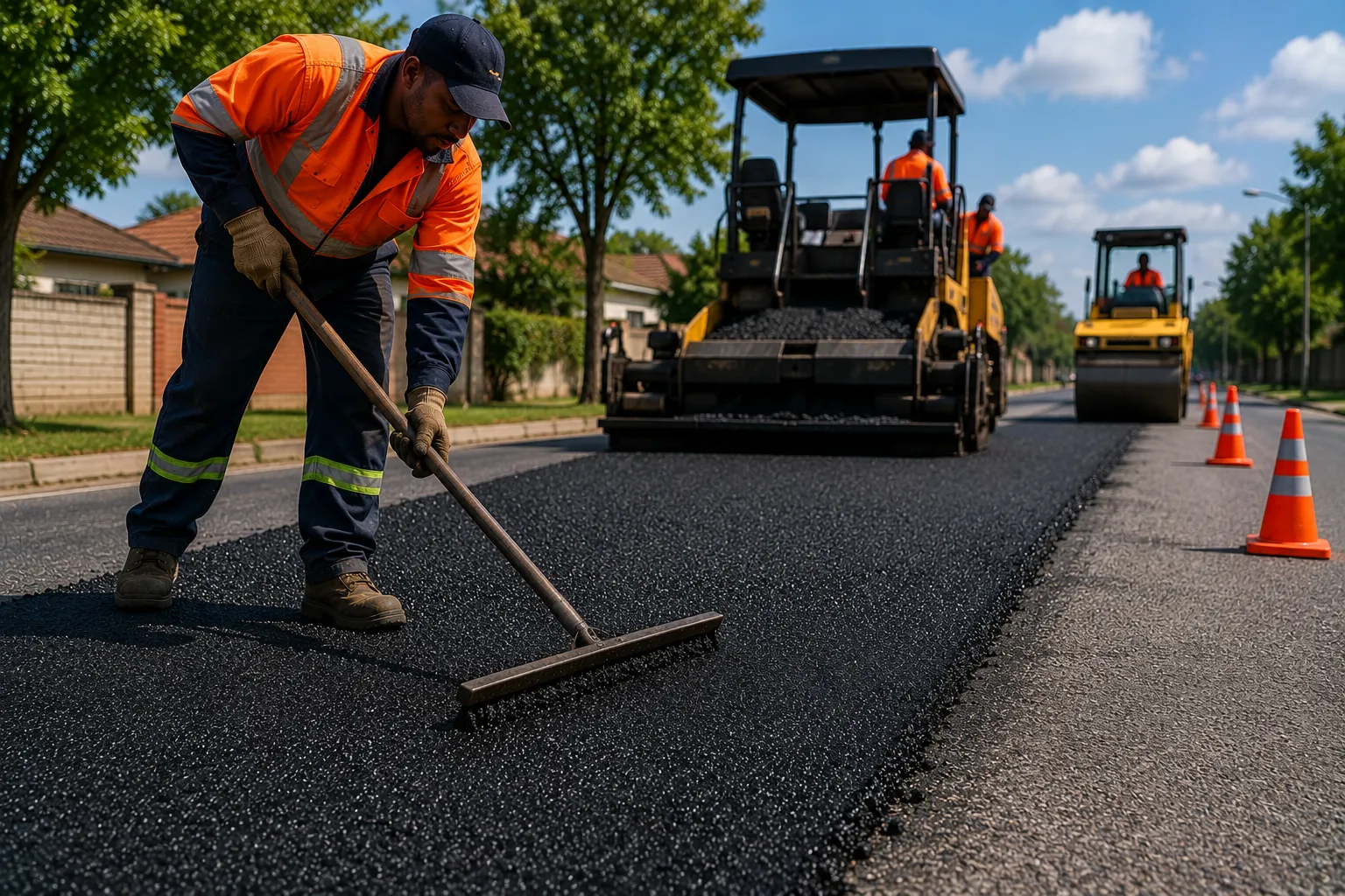 Road worker spreading fresh asphalt with a rake, asphalt paver and roller in background — hot mix vs cold mix asphalt comparison