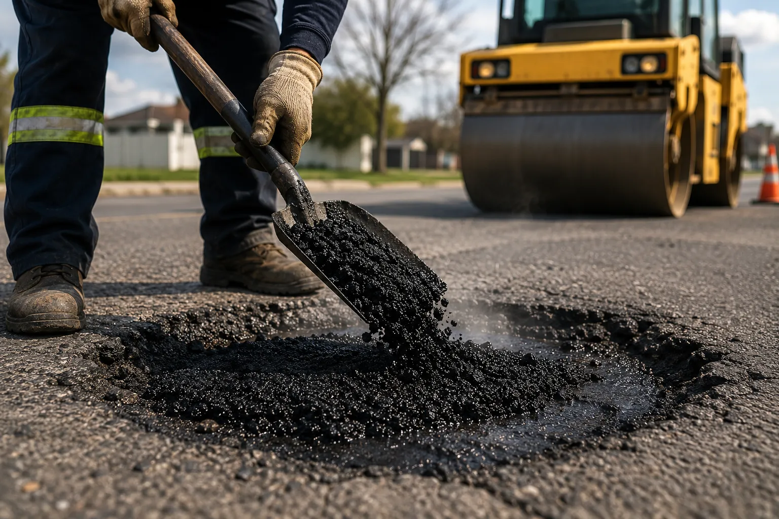 Step 1: Road worker using a shovel to clean loose debris from a pothole before applying cold mix asphalt